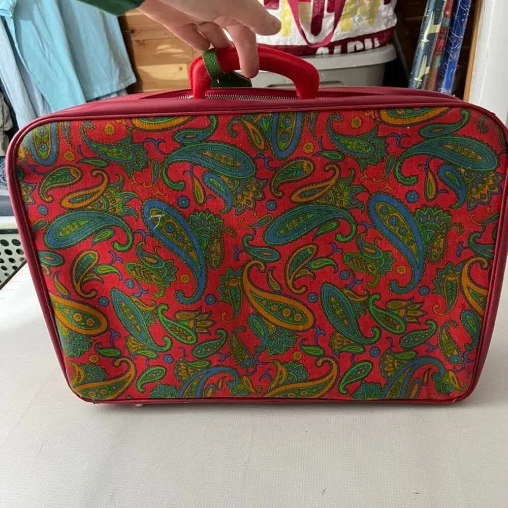 Vintage 60's‎ 70's Paisley Red Travel Luggage Overnight